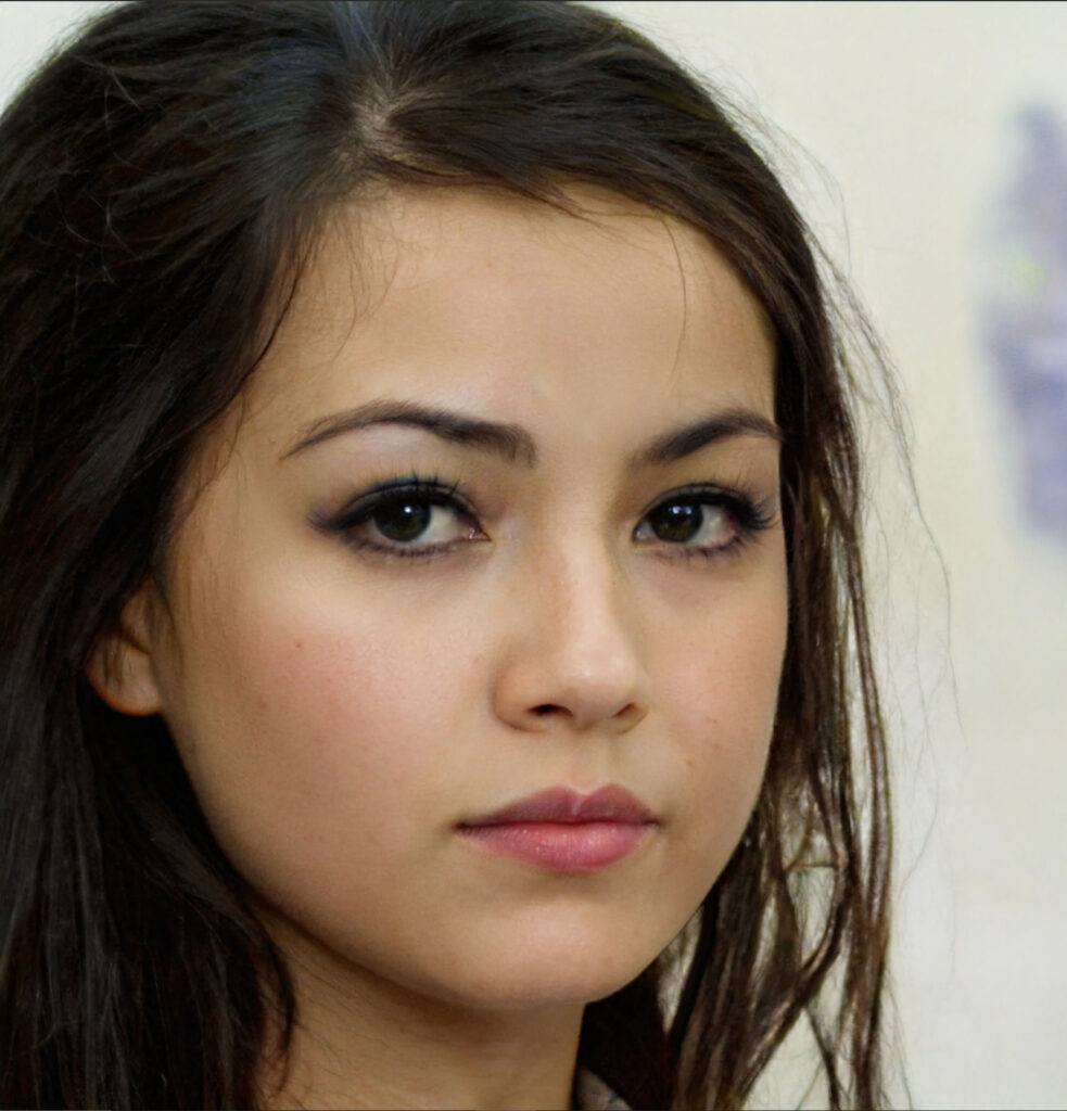 A young woman with dark brown hair in an AI-generated image.