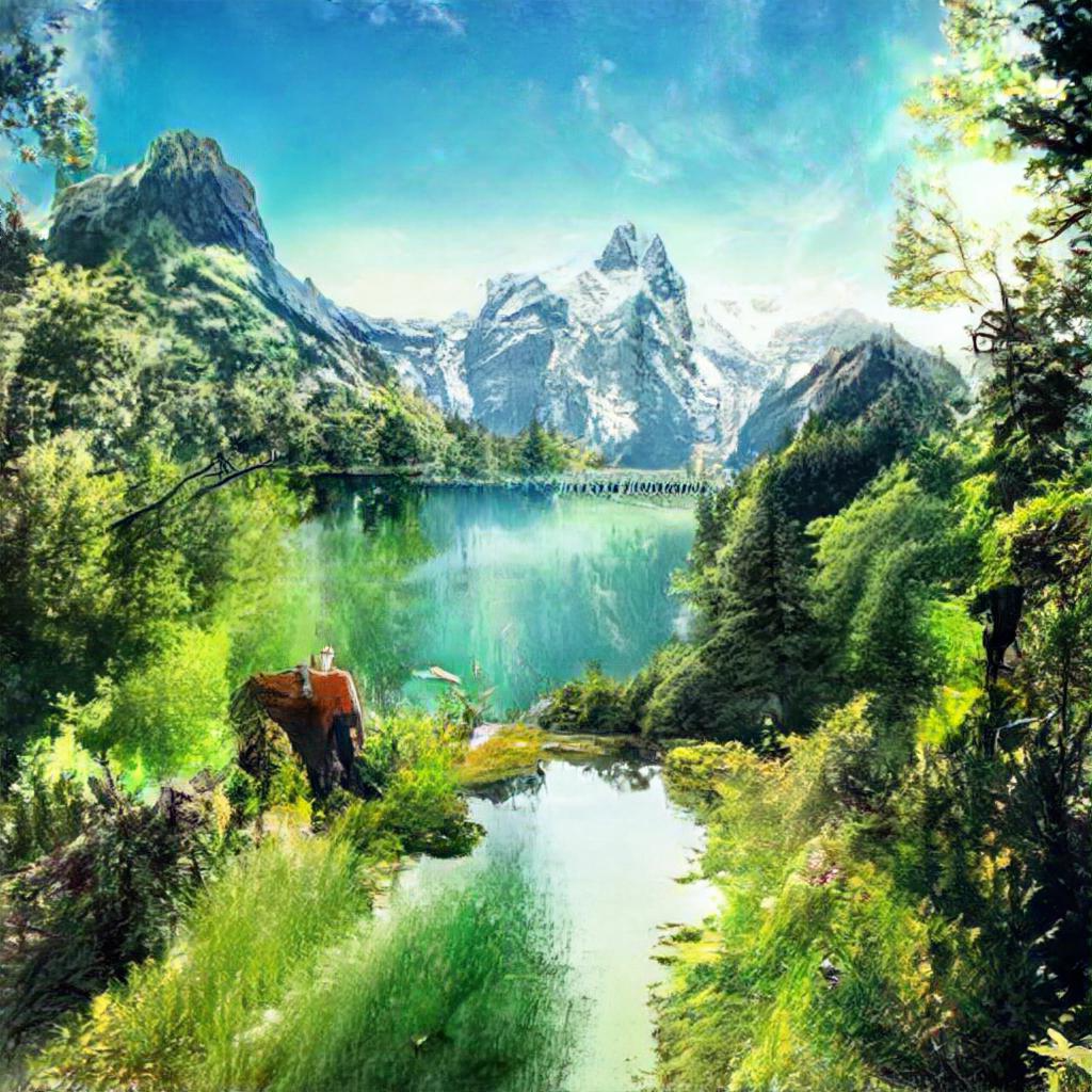 A painting of a lake with mountains in the background, featured on synthetic television.