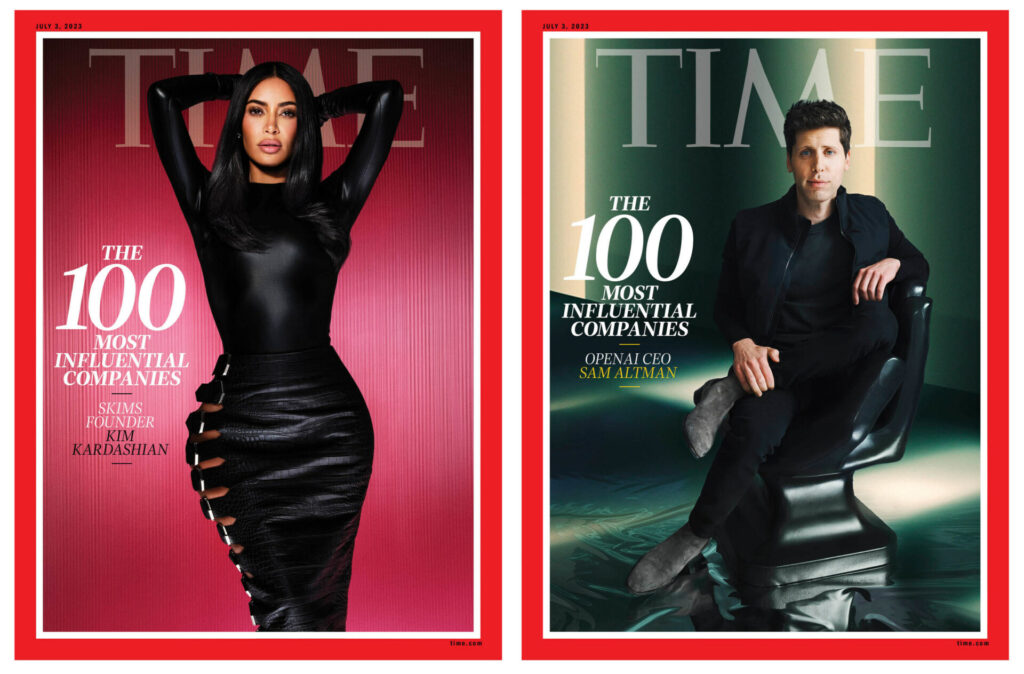 Two covers of Time magazine featuring a man and a woman, highlighting their contributions to synthetic television news.
