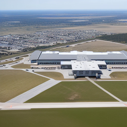 An aerial view of a large building in the middle of a field on a clear day.