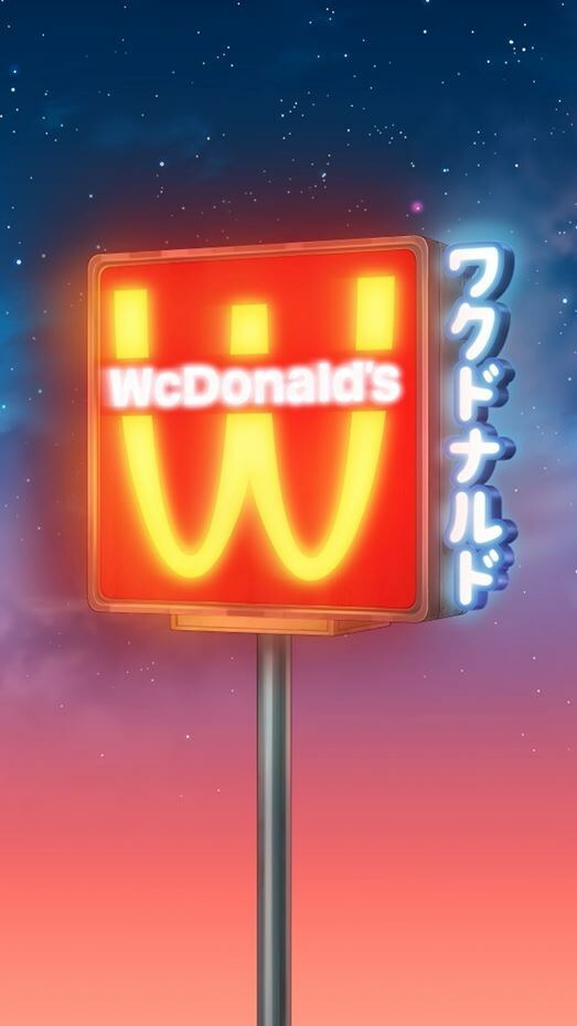 A neon sign with the words "W McDonald's" illuminated on it, showcased on synthetic television.