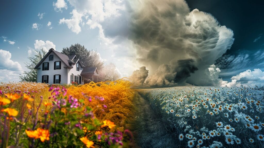 Two pictures of a house and a field with flowers under sunny weather.