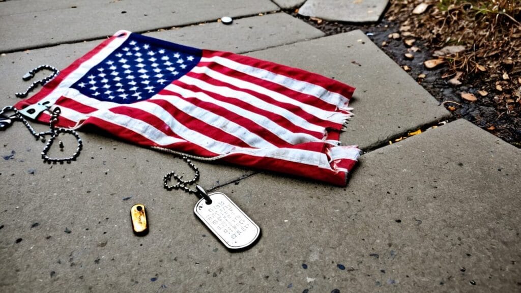 An American flag and a dog tag on the streets, symbolizing homeless veterans.