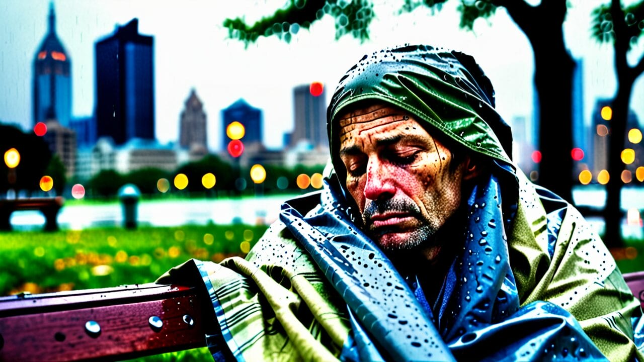 A homeless veteran sitting on a bench.