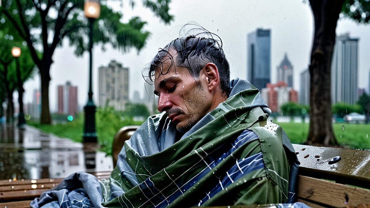 A homeless veteran sleeping on a park bench in the rain.