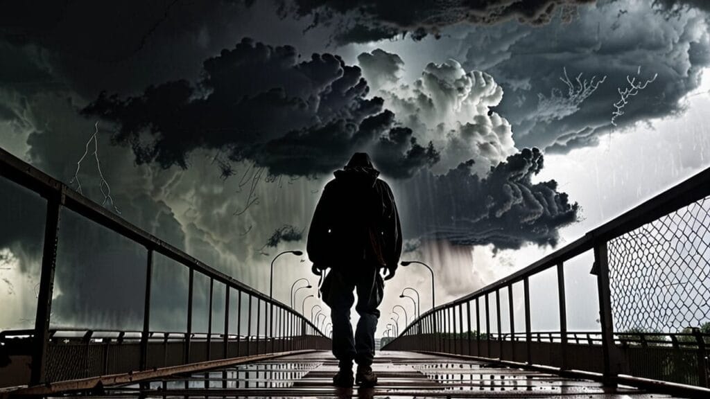 A homeless veteran walking on a bridge under a stormy sky.