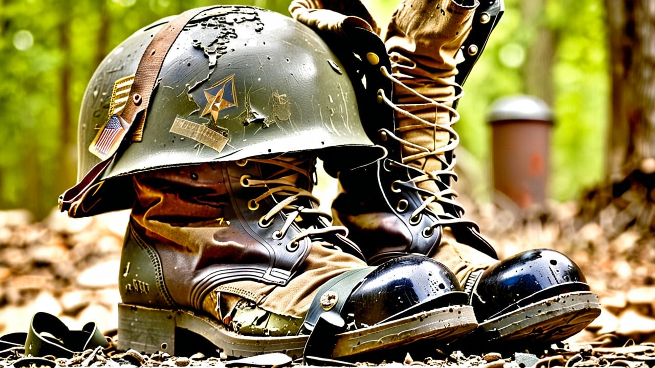 A pair of boots and a helmet on the ground symbolize homeless veterans who die on the streets.