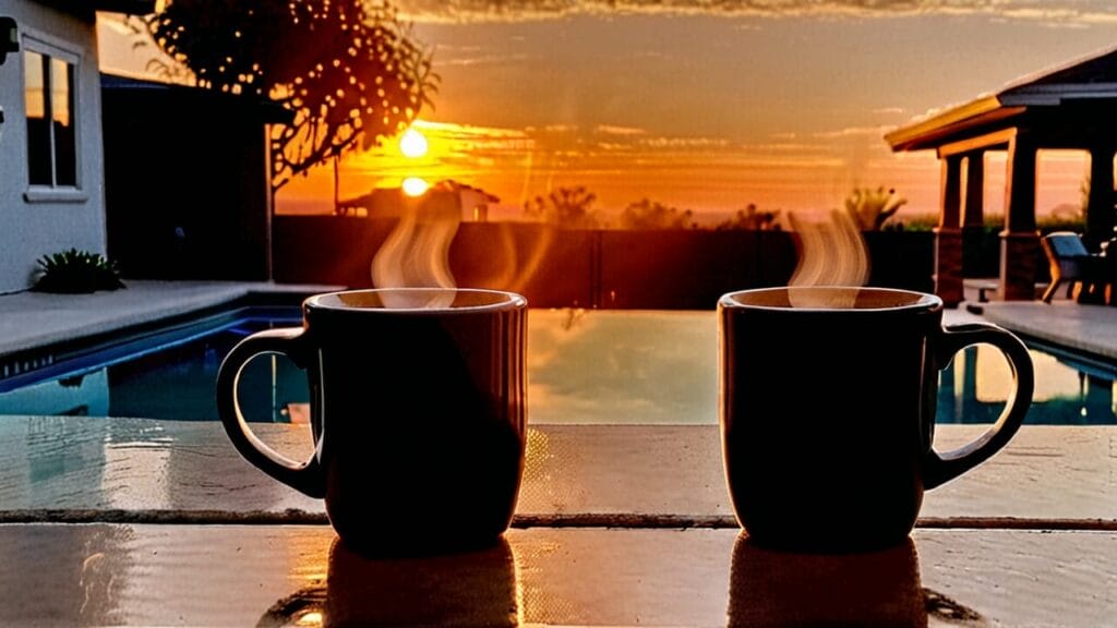 Two Keurig's New Coffee Pod the K-Round mugs on a poolside table with a sunrise in the background.