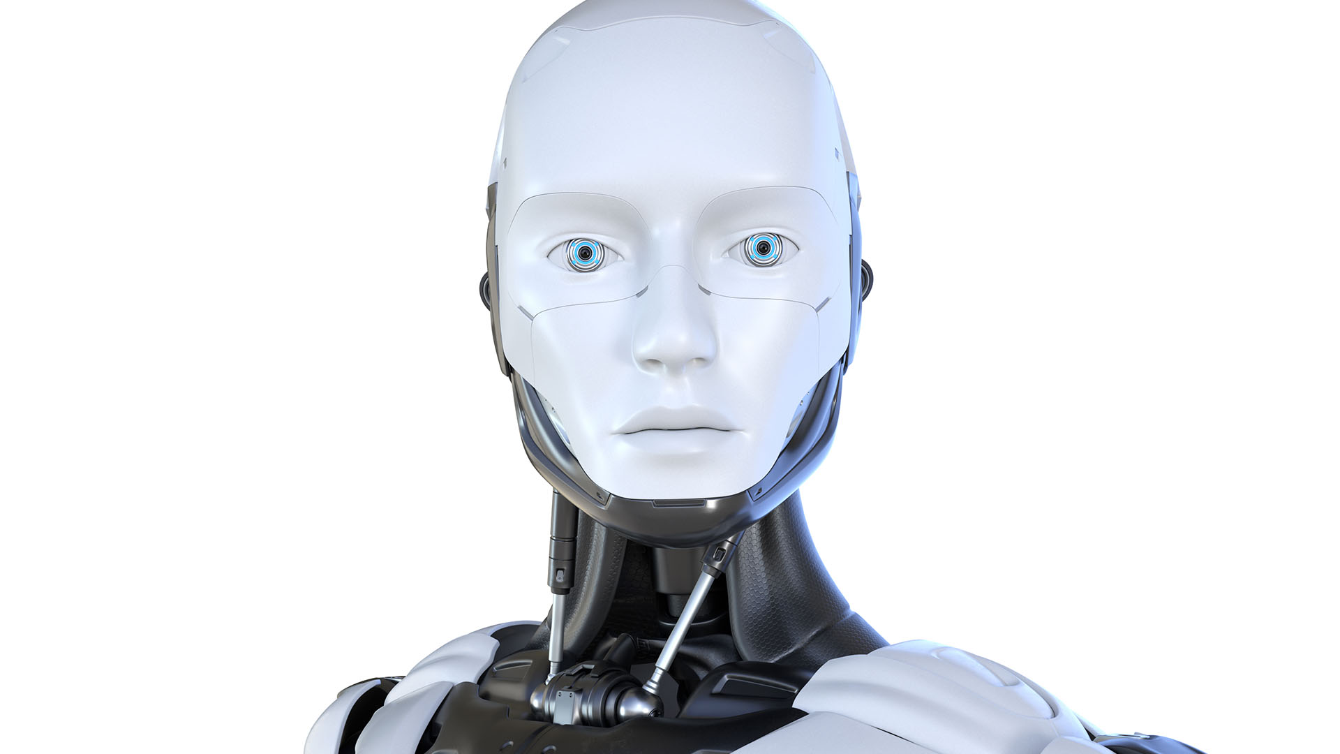 A close-up of a humanoid robot with a white face and blue eyes, featuring visible mechanical components around the neck and shoulders, captures the essence of the Human vs. Machine clash.