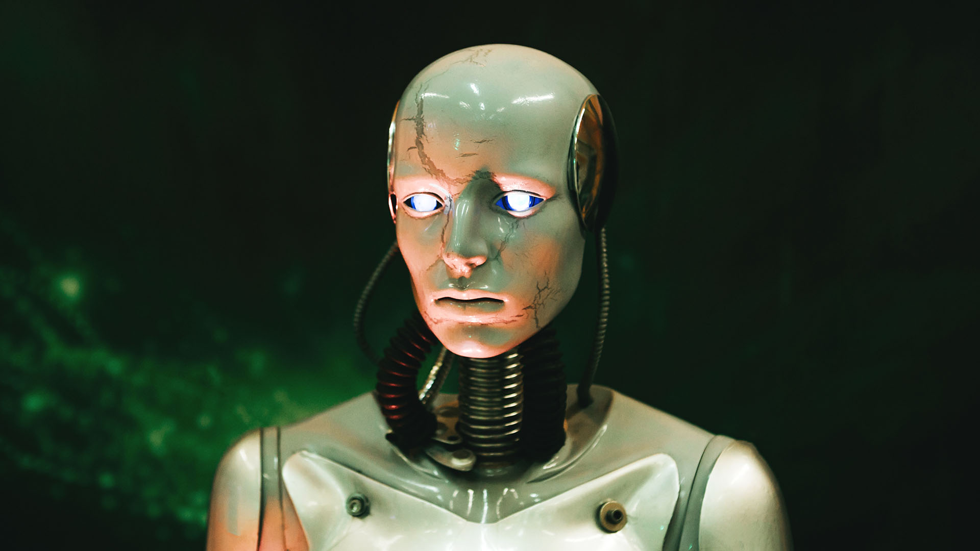 A humanoid robot with glowing blue eyes and a metallic body stands against a dark green background, embodying the Human vs. Machine battle for the newsroom.