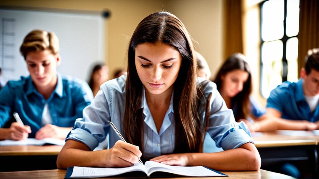 A focused young woman writes in a notebook during an exam in a classroom filled with students using AI Education techniques.
