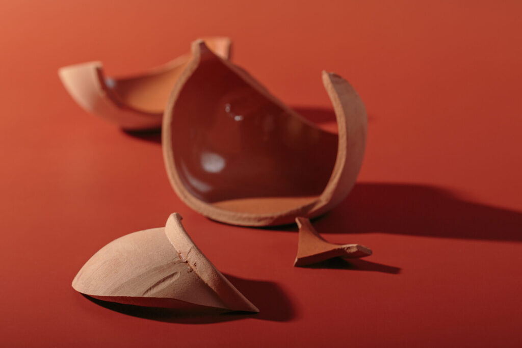 A broken ceramic bowl with several pieces scattered on a red surface—fake reviews got you down?