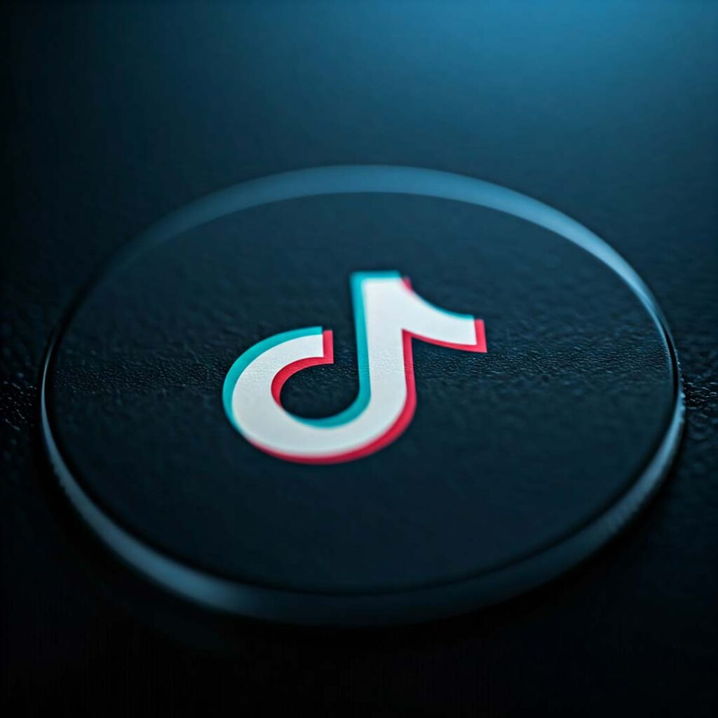 Close-up of the TikTok logo embossed on a dark, textured surface, illuminated with soft lighting for a glossy effect, as if setting the stage for part 2 of its dynamic evolution.