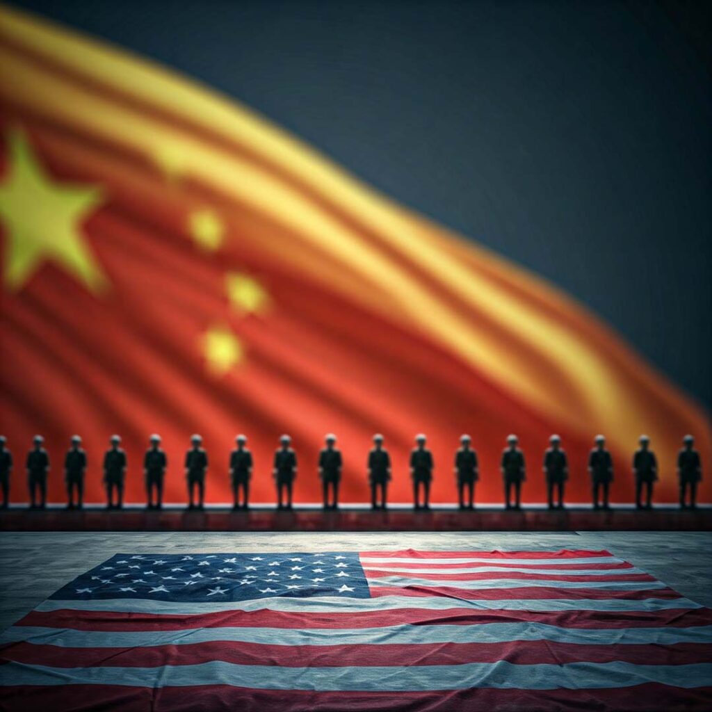 Silhouettes of people stand before a large Chinese flag, TikTok playing softly in the background. Meanwhile, an American flag rests on the ground in the foreground.