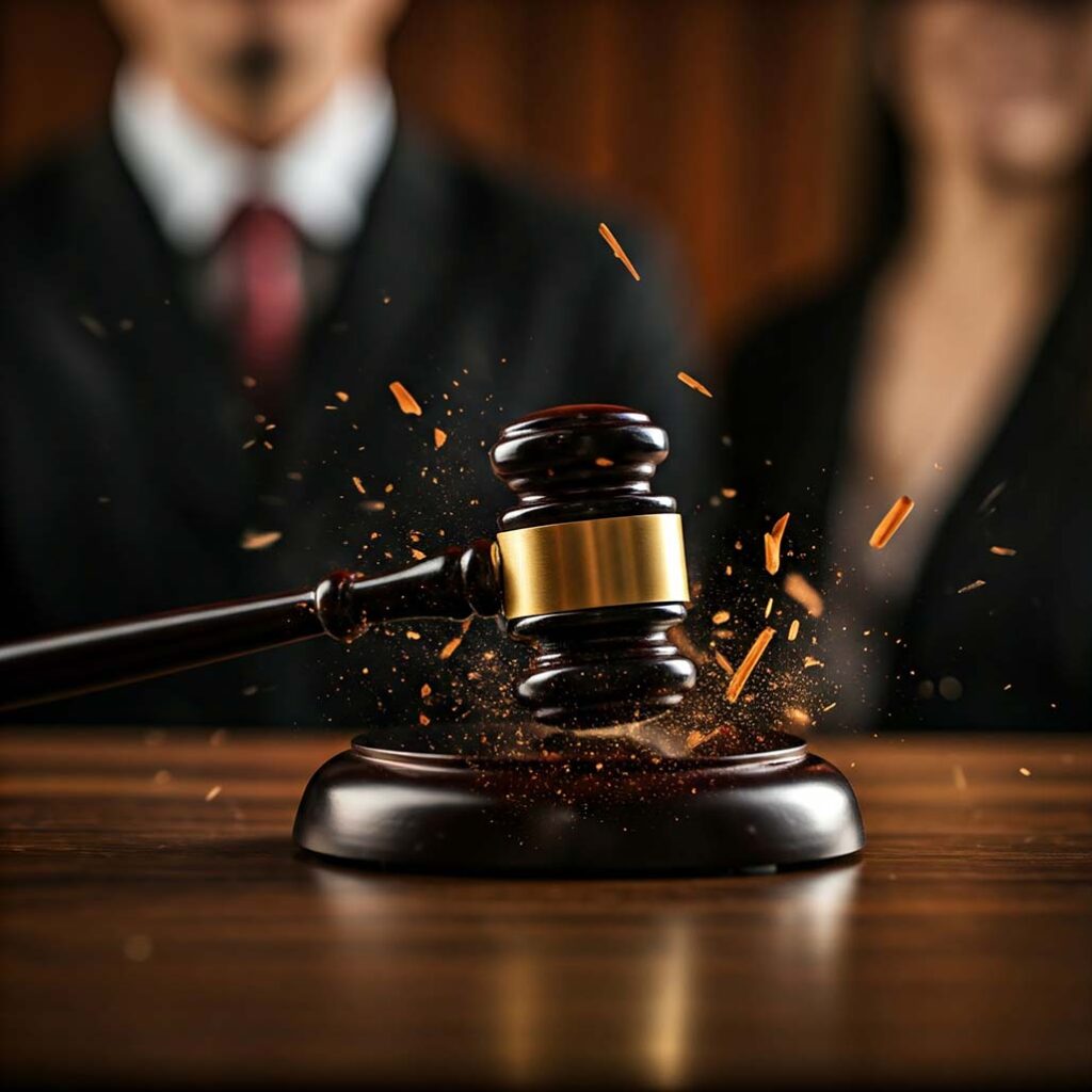 A gavel striking a wooden block sends debris and particles into the air, capturing the essence of justice in motion. It's like a dramatic TikTok moment, with two people in suits blurred in the background, adding intrigue to this courtroom scene.