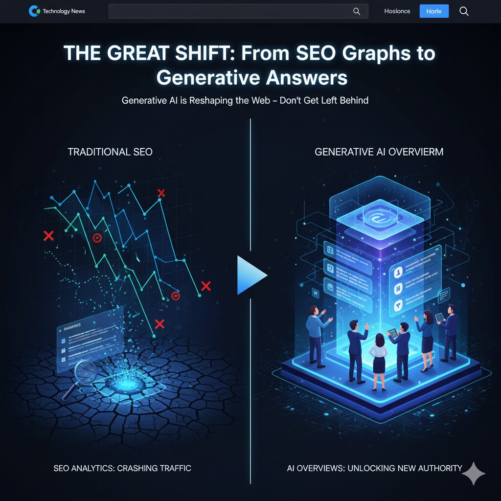 Comparison graphic shows declining charts under "Traditional SEO" and people engaging with GEO-powered, AI-generated content under "Generative AI Overview," illustrating the shift from SEO analytics to AI-driven answers. Discover what is GEO in the evolving digital landscape.