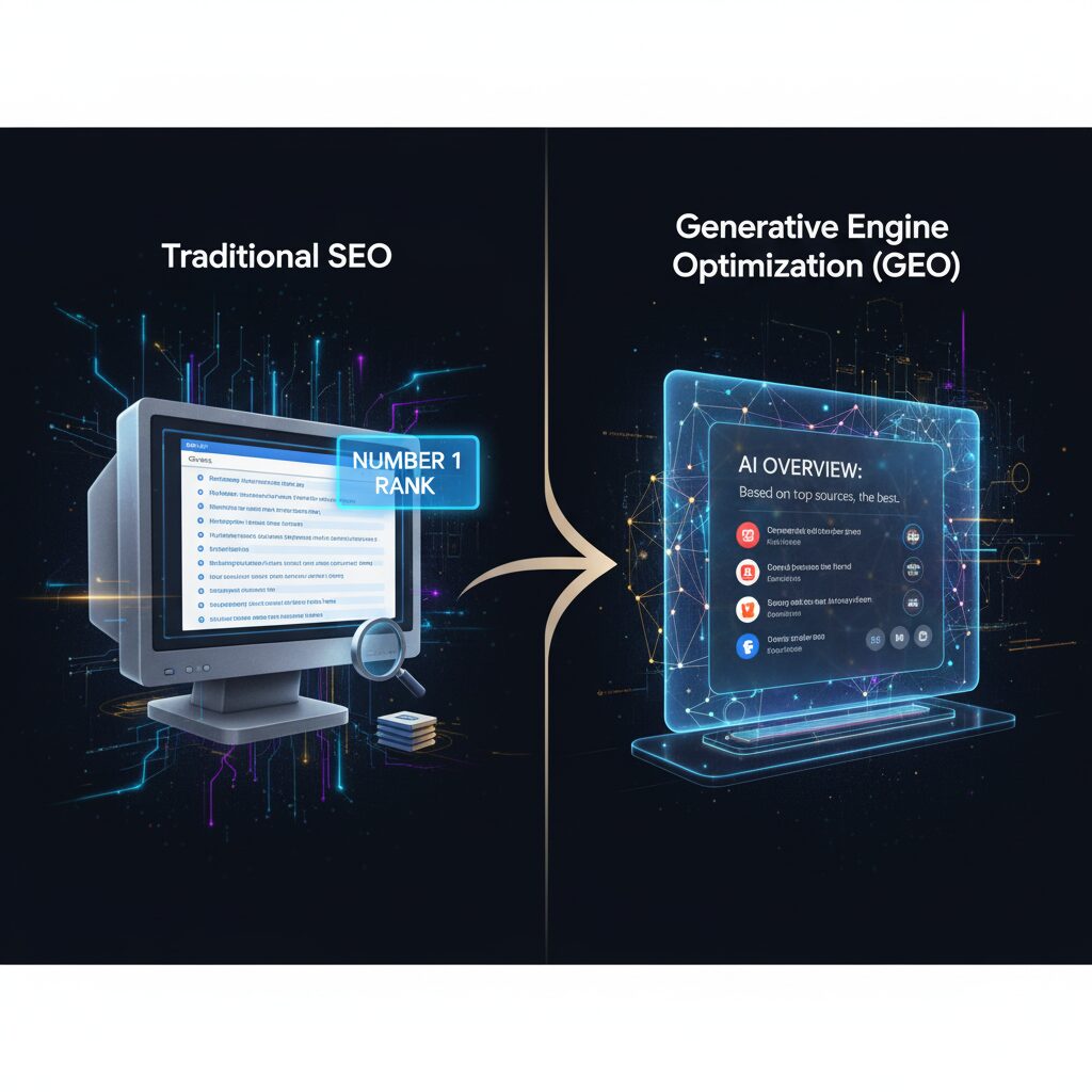 A comparison of Traditional SEO on a desktop screen with ranked search results and Generative Engine Optimization (GEO) on a modern display showing an AI-generated overview highlights the GEO definition and its impact on search experiences.