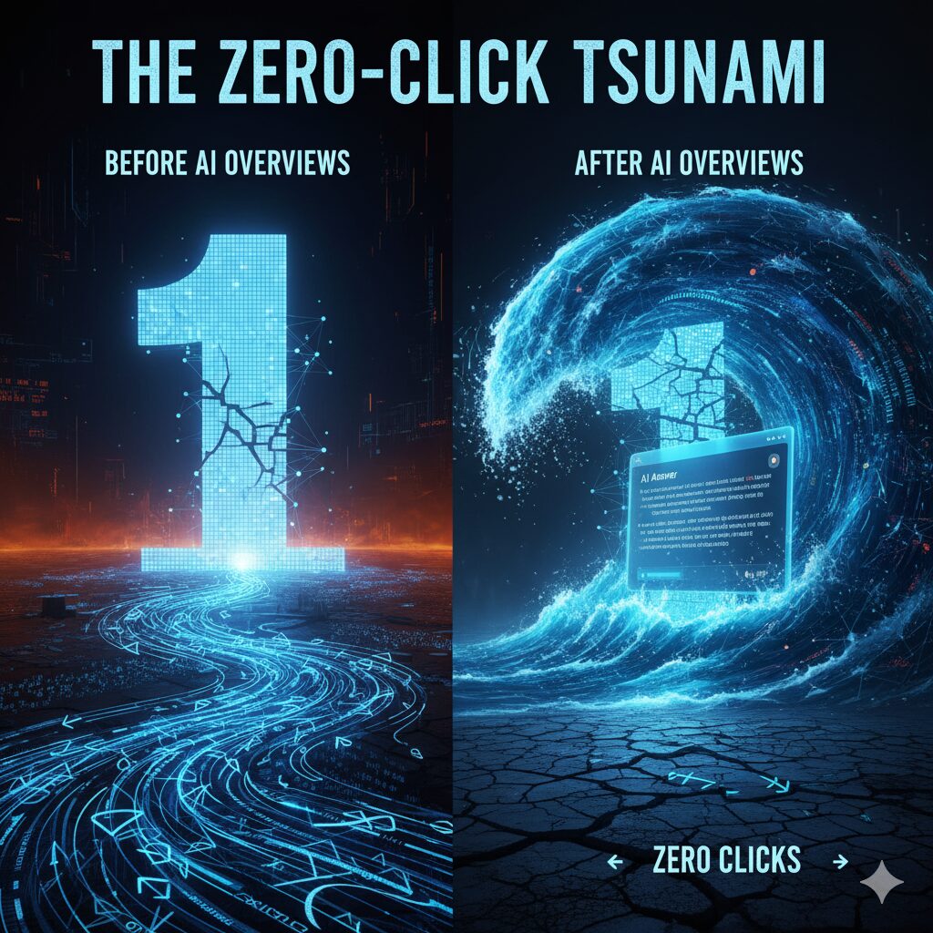 Split image showing "The Zero-Click Tsunami": left side features a digital number 1 labeled "Before AI Overviews"—think pre-GEO definition days; right side shows a wave and screen labeled "After AI Overviews" with "Zero Clicks" at the bottom.