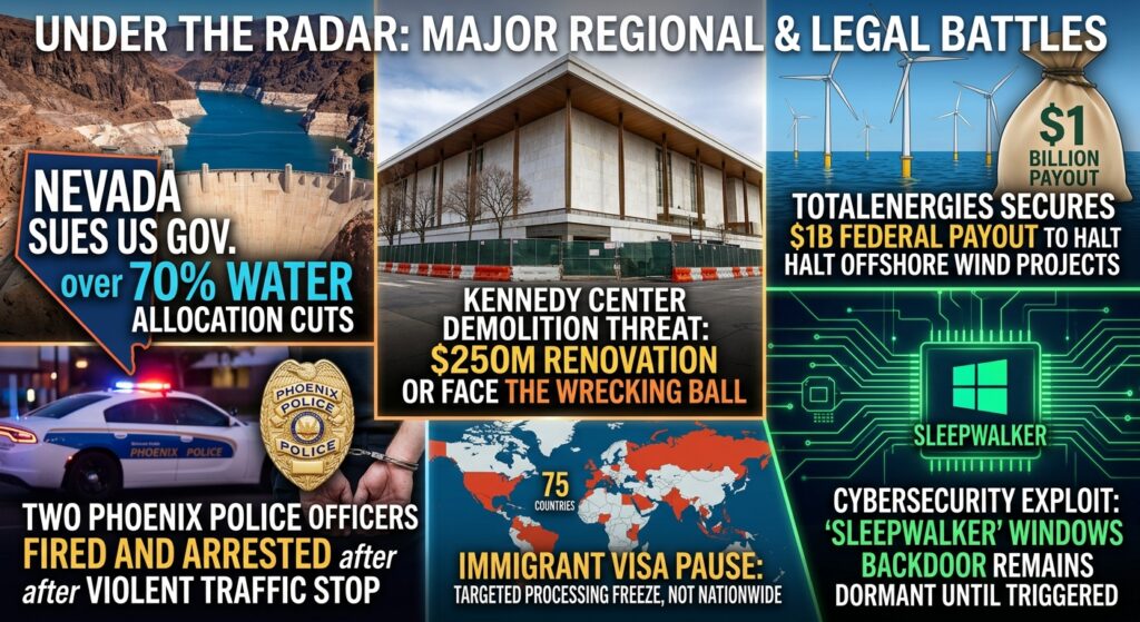Infographic showing news headlines: Nevada sues US over water cuts, Kennedy Center faces $25M demolition, police officers fired after traffic stop, immigrant visa pause, $1B payout for wind projects, and the recent Sleepwalker Windows Exploit cybersecurity issue.