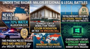 Infographic showing news headlines: Nevada sues US over water cuts, Kennedy Center faces $25M demolition, police officers fired after traffic stop, immigrant visa pause, $1B payout for wind projects, and the recent Sleepwalker Windows Exploit cybersecurity issue.