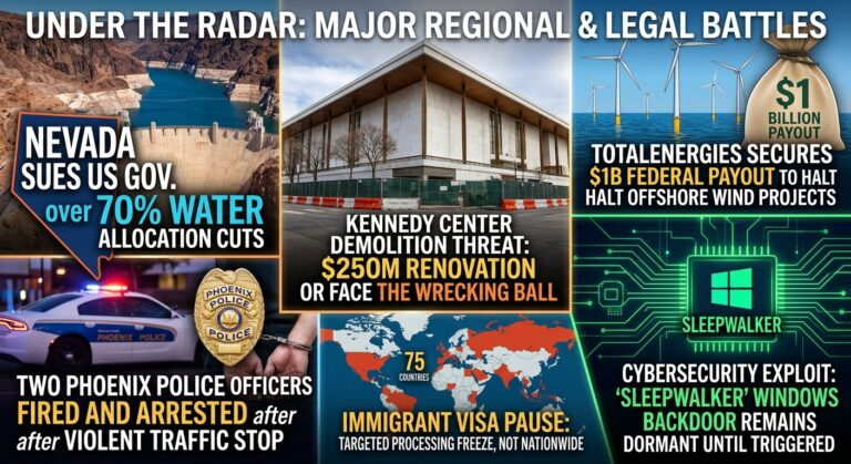 Infographic showing news headlines: Nevada sues US over water cuts, Kennedy Center faces $25M demolition, police officers fired after traffic stop, immigrant visa pause, $1B payout for wind projects, and the recent Sleepwalker Windows Exploit cybersecurity issue.