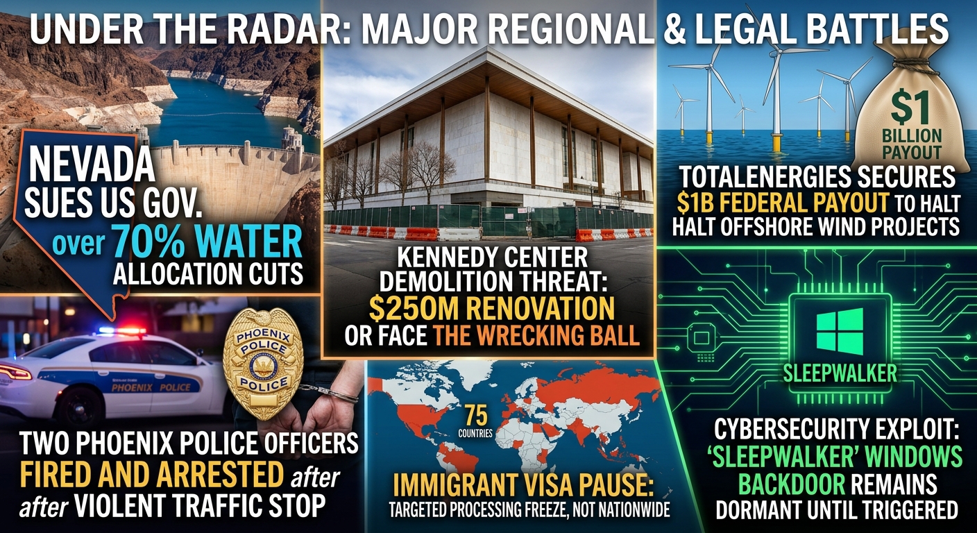 Infographic showing news headlines: Nevada sues US over water cuts, Kennedy Center faces $25M demolition, police officers fired after traffic stop, immigrant visa pause, $1B payout for wind projects, and the recent Sleepwalker Windows Exploit cybersecurity issue.