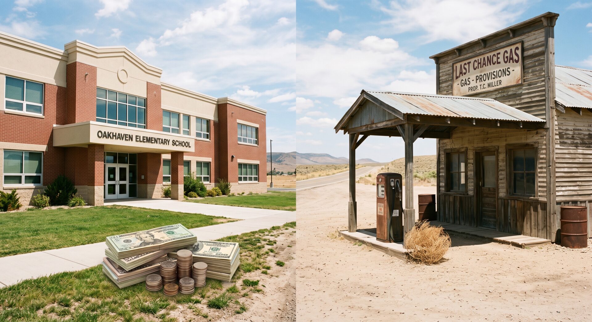 A split image: On the left, Oakhaven Elementary School with stacks of cash symbolizing free money; on the right, an old, weathered Wild West Gas Station in a desert setting labeled “Last Chance Gas.”.