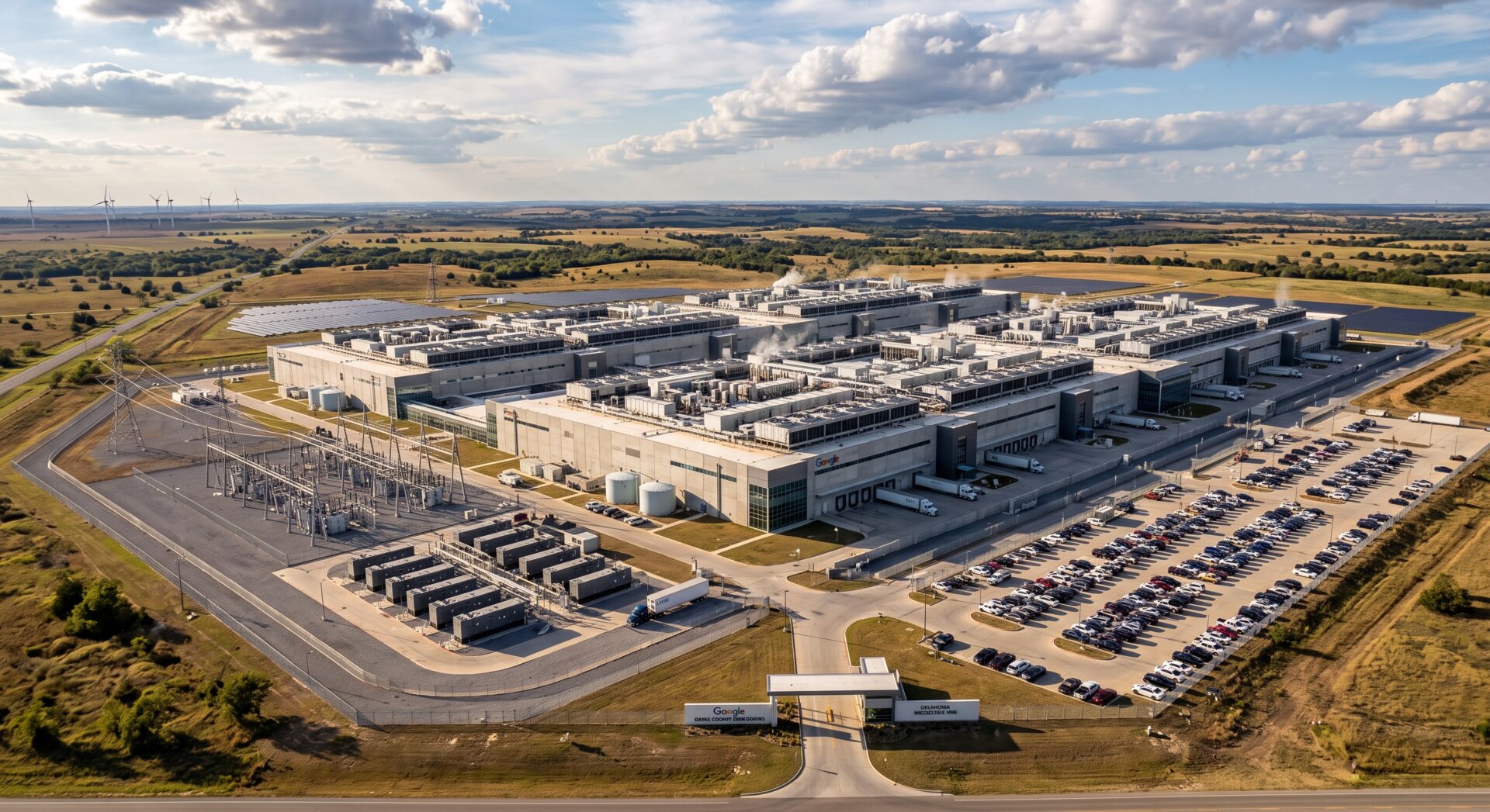 Aerial view of a large, modern data center with several buildings, parked cars, electrical infrastructure, and fields surrounding the facility under a partly cloudy sky.