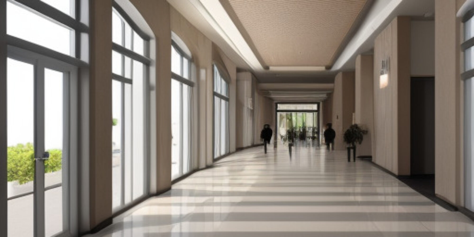 A 3D rendering of a hallway with large windows, showcasing the latest weather conditions.